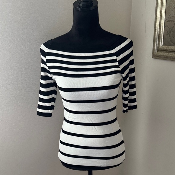 INC International Concepts Petite Black White Striped Boat Neck Rib-Knit Top PP - Picture 1 of 4